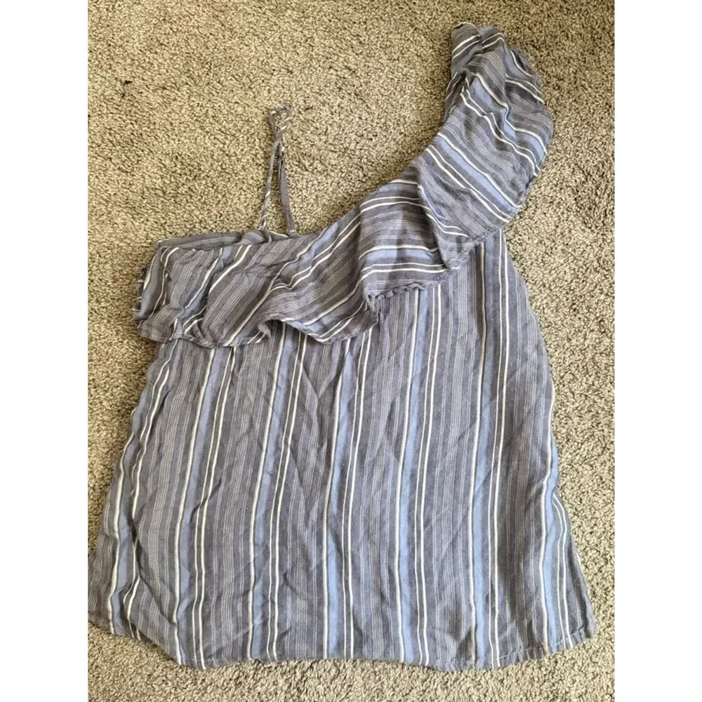 Hollister Blue and White Striped One-Shoulder Ruffle Top